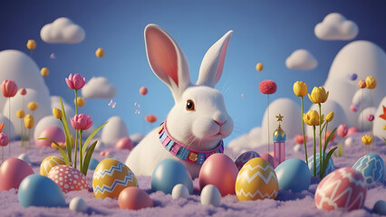 white rabbit with colorful eggs and flowers on purple ground transparent background