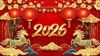 Chinese new year 2026 celebration with golden horses, red lanterns, and floral decorations on red background
