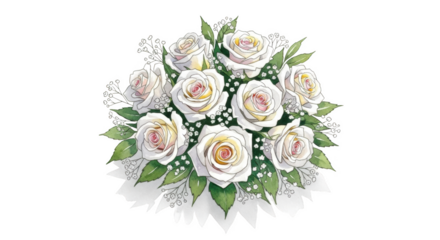Watercolor bouquet of white roses with pink centers and green leaves pink roses rose bouquet