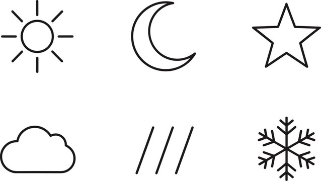 Outline Vector Icon Set Featuring Sun Moon Star Cloud Rain and Snowflake Symbols for Weather Forecasting and Atmospheric Design