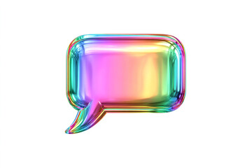 A modern 3d glossy speech bubble icon isolated on white, with holographic rainbow colors for communication