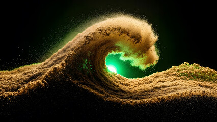 Dramatic sand wave cresting with bright green internal light against black night sky background