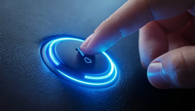 Close Up of Finger Pressing a Glowing Blue Power Button on Dark Textured Surface