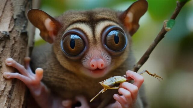Tarsier eating a bug in a tree, close up.