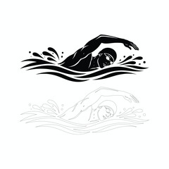 Swimmer illustration in black silhouette and line art style, athlete swimming vector for sports design