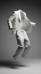 A white suit, jacket and trousers, floating in a dynamic pose against a grey background, appearing to dance or jump.