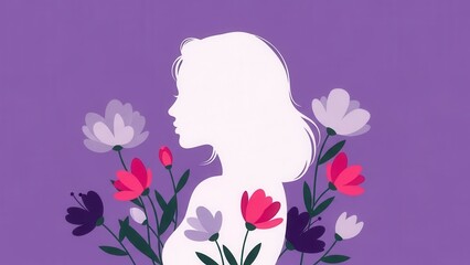 White female silhouette surrounded by colorful spring flowers on purple background, feminine beauty card.