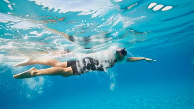 Swimmer in Black swimsuit performing underwater strokes demonstrating technique and elegance