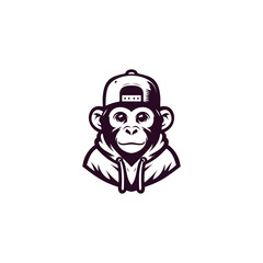 Stylish monkey mascot wearing hoodie and baseball cap, modern streetwear character illustration in monochrome vector style