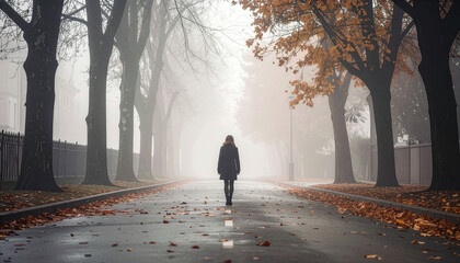Lone woman walking on misty leafcovered road, perfect for illustrating solitude, nature, relaxation, autumn, peaceful walks, and mindfulness concepts.
