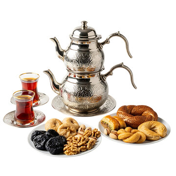 Traditional turkish double teapot aydanlk with turkish tea glasses and assortment of pastries and nuts on transparent background