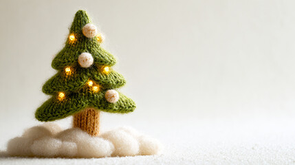  Knitted miniature Christmas tree on a clean white background. A minimal festive mockup, concept for modern holiday design, New Year themes, and creative trendy seasonal layouts.