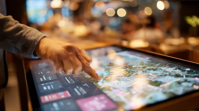 Medium shot of a person selecting dining options on an interactive map exploring local restaurants and cafes for a culinary itinerary.