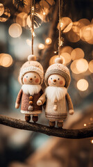 Two wooden gnome ornaments in natural tones hanging on a Christmas tree branch. Warm bokeh and Scandinavian style create a cozy, intimate holiday atmosphere.