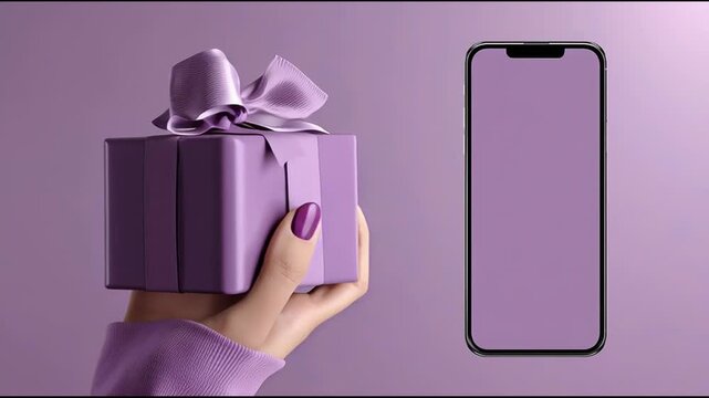 A woman holding a purple gift box representing a chat voucher offer icon concept for delivering vouchers in communication. Digital Gift Voucher Concept &ndash; Animated Video Version