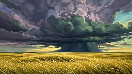 Dramatic storm clouds gather over an open golden wheat field under a darkening sky