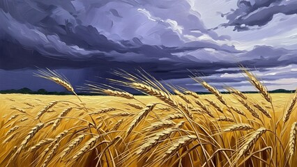 Golden wheat field swaying under dramatic stormy sky with dark clouds and distant trees