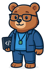 Obraz premium Cute cartoon bear dressed in business attire with glasses holding a tablet featuring code symbols