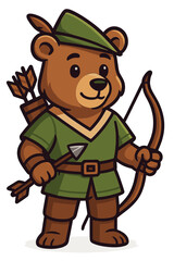 Obraz premium Cartoon bear dressed as an archer in a green outfit with a bow and arrows, ready for adventure in the forest