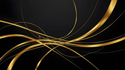Abstract background with dynamic golden curved lines flowing and intertwining across isolated solid black space
