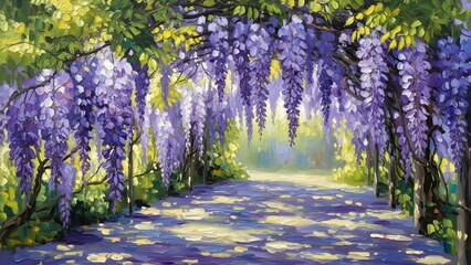Purple wisteria flowers hanging from a canopy arch forming a picturesque pathway with sunlight filtering through leaves