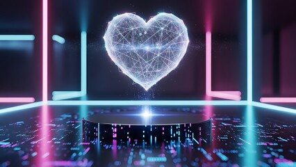 Digital Wireframe Heart Floating Over Cyberpunk Stage with Circuit Board Floor and Neon Frame Valentine