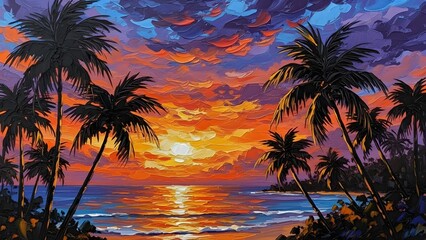 Tropical beach sunset with vibrant orange and pink sky over calm ocean silhouetted palm trees in foreground