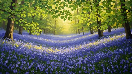 Vibrant forest floor covered in a carpet of bluebells with sunlight filtering through lush green trees creating a serene natural setting