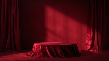 A dramatic red stage with a spotlight shining down on a round table covered in velvet