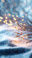 Delicate frosted branch with icy blue tones and warm garland lights. Atmospheric winter nature background combining cold and warm contrast for seasonal and holiday visual projects.