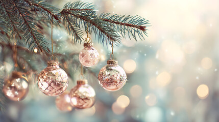 Fir tree branch decorated with vintage glass ornaments and soft blurred light. Classic Christmas decor for traditional holiday visuals, seasonal branding, and festive background use.