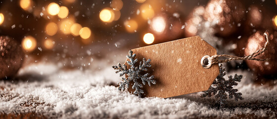 Craft paper tag placed in snow with festive bokeh lights. Eco Christmas and minimalist holiday branding concept for New Year sales, promotions, seasonal marketing visuals.