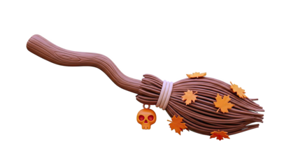Halloween Witch Broom with Skull Charm and Autumn Leaves