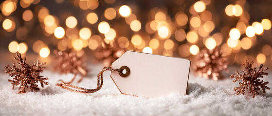 Blank paper tag lying on snow with fir branches, pine cones, and warm lights. Post New Year sale concept with holiday mockup and copy space for promotions, discounts, and seasonal marketing messages.