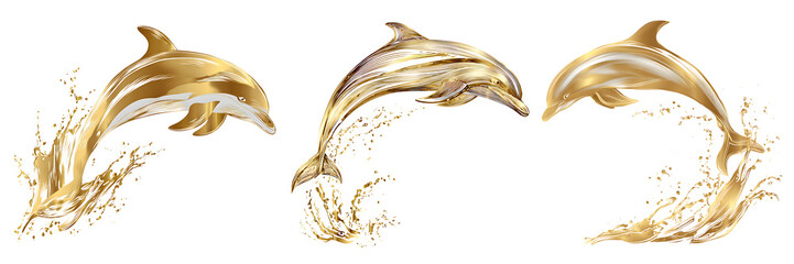 A set of shimmering golden dolphins leaping Through majestic splashes of liquid gold, Isolated on a white or transparent background.