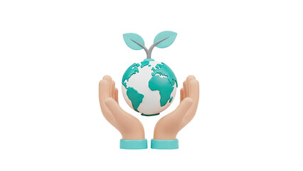 Hands holding a sprouting planet Earth, representing growth and care