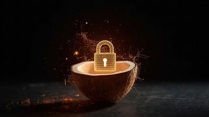 A glowing padlock emerges from a cracked coconut shell in a dark background