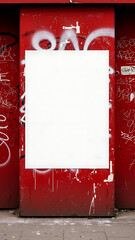 A blank white poster on a graffiti-covered red wall, urban street art background.