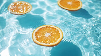 Refreshing Orange Slices Floating on Crystal Clear Water with Gentle Ripples and Sparkling Light Effects on Bright Summer Day