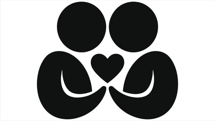Loving couple holding a heart icon vector illustration. Romantic silhouette of two people hugging for Valentine's Day. Abstract black symbol of love, care, unity, wedding and marriage logo design.