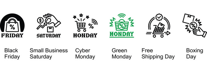 End Of Year Shopping Events banner web icon vector illustration of Black Friday, Small Business Saturday, Cyber Monday, Green Monday, Free Shipping Day, Boxing Day