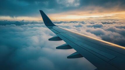 Serene View from Airplane Wing Above Soft Clouds with Beautiful Sunset Lighting and Dramatic Sky Colors