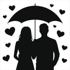 Romantic couple silhouette under umbrella with floating hearts. Black vector illustration for Valentine's Day, wedding, and anniversary. Man and woman in love icon, dating symbol, relationship concept