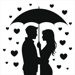 Romantic couple silhouette under umbrella with falling hearts. Vector art for Valentine's Day, love, and relationship themes. Black and white isolated design element.