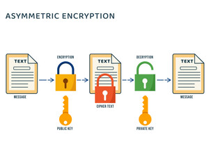 Asymmetric encryption public-key cryptography uses a pair of keys for encryption and decryption vector illustration