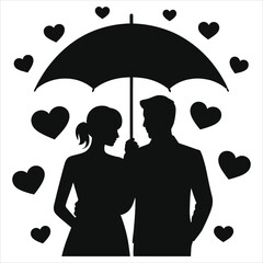 Romantic couple silhouette standing under an umbrella protected from a rain of falling hearts. Vector illustration of man and woman in love isolated on white background. Happy Valentine's day concept