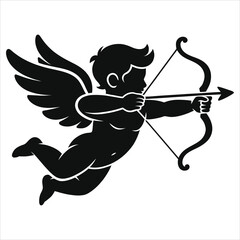 Valentine's Day Vector: Black Silhouette of Cupid Aiming Arrow with Wings - Perfect for Romantic Designs and Greeting Cards