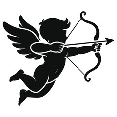 Cupid silhouette vector illustration. Amor aiming bow and arrow for Valentine's Day. Black and white love and romance icon, isolated on white background. Classic romantic symbol for holiday design.