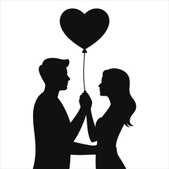 Romantic Couple Silhouette with Heart Balloon Vector. Man and Woman Holding Hands Profile for Valentine's Day, Wedding, Engagement, Anniversary. Minimalist Love Concept Illustration