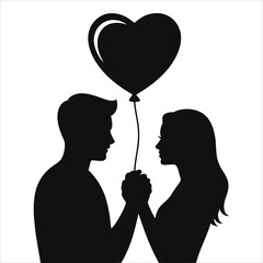 Valentine's Day couple silhouette with heart balloon vector - romantic lovers holding hands, love illustration in black and white minimal design for wedding engagement, anniversary greeting card, logo
